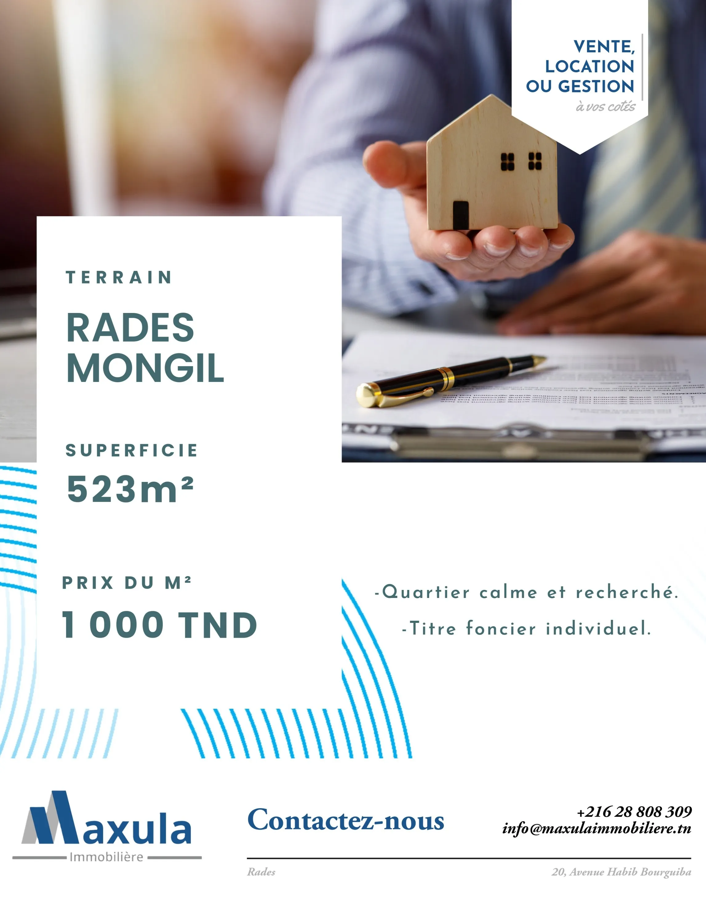 À VENDRE TERRAIN DE 523M² À RADES MONGIL