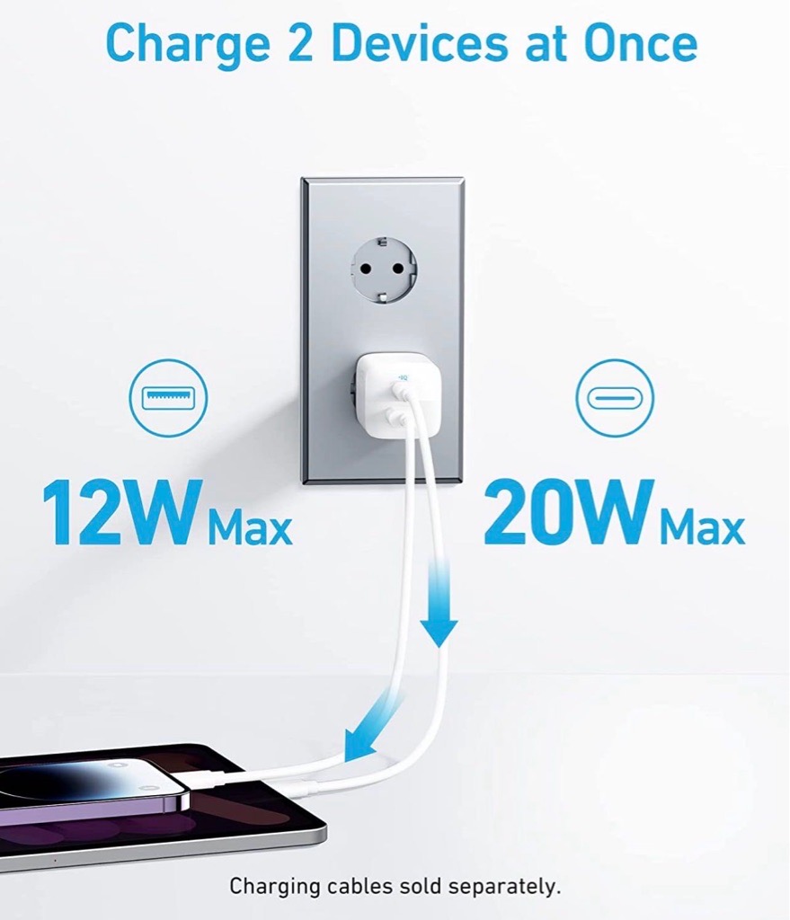  Tête Chargeur Anker 33W Double Port USB-C & USB-A Charge Rapide et sécurisée Certifié 