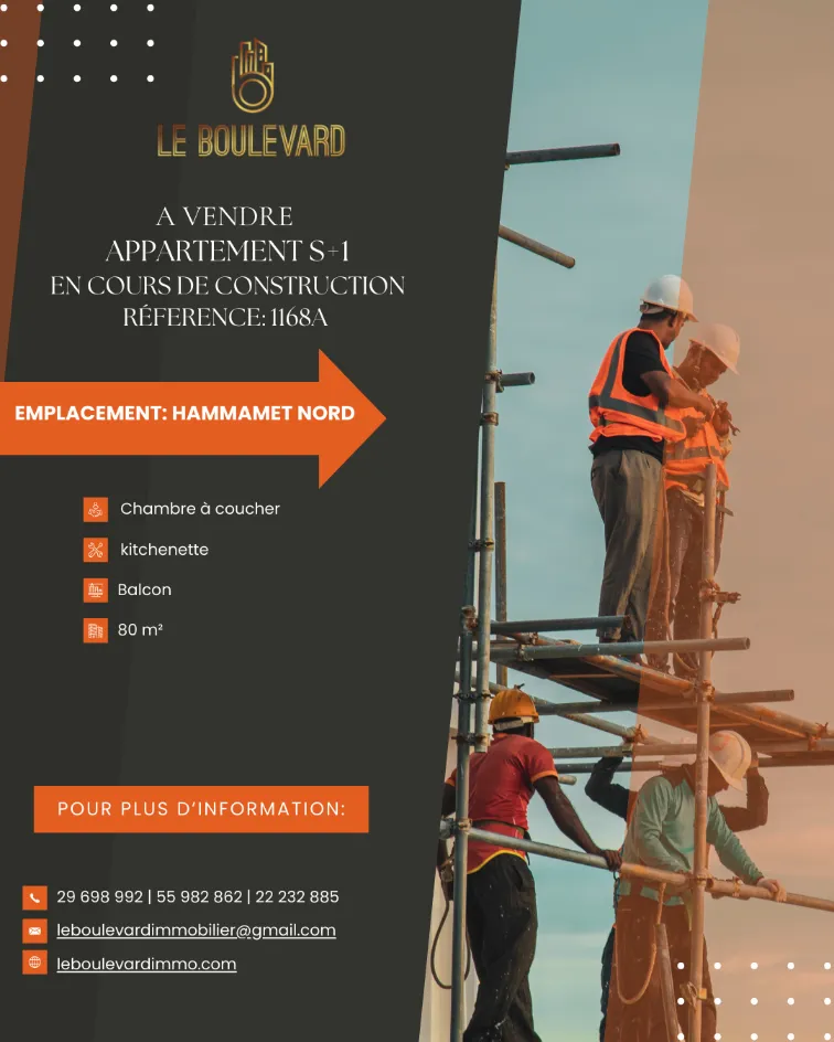 A Vendre Appartement S+1 En Cours De Construction à Hammamet Nord