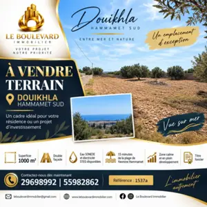 A Vendre Terrain 1000m² Vue Sur Mer à Douikhla, Hammamet Sud