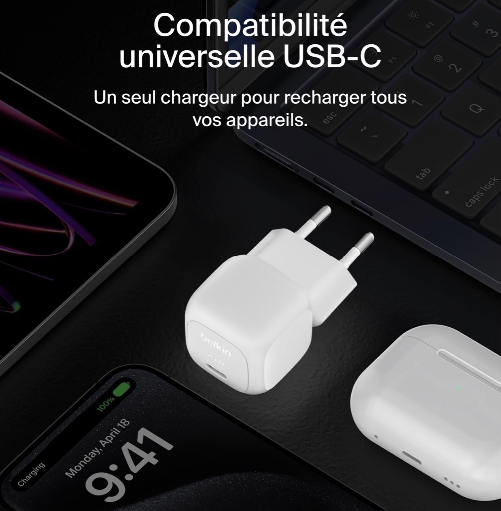 Belkin Chargeur Secteur BoostCharge 20W USB-C PD 3.1 Avec Cable Type C 1 Meter Tunis 