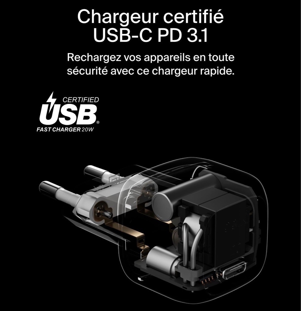 Belkin Chargeur Secteur BoostCharge 20W USB-C PD 3.1 Avec Cable Type C 1 Meter Tunis 