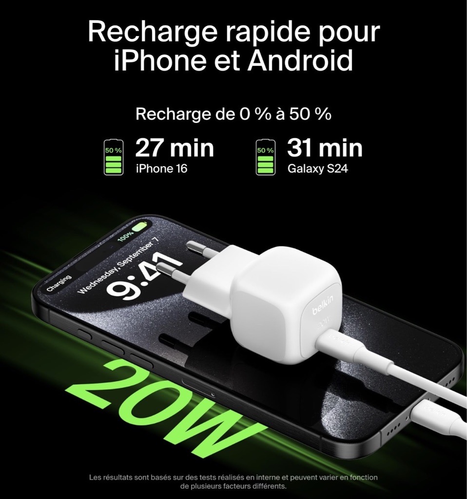 Belkin Chargeur Secteur BoostCharge 20W USB-C PD 3.1 Avec Cable Type C 1 Meter Tunis 