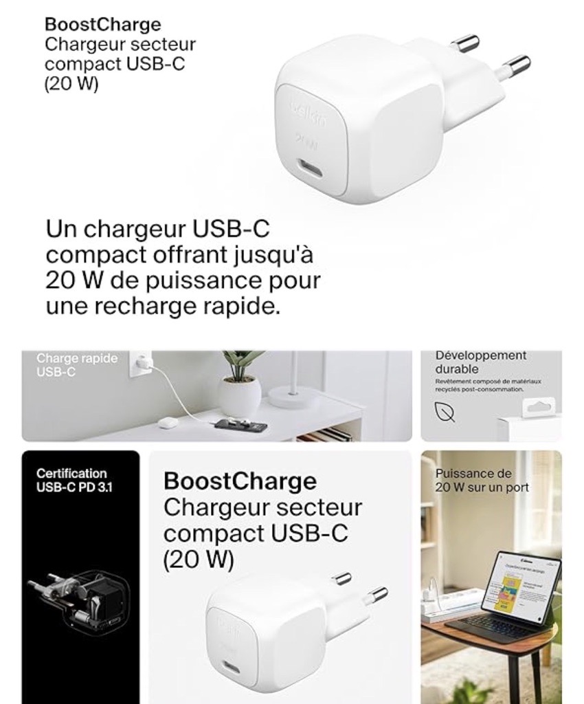 Belkin Chargeur Secteur BoostCharge 20W USB-C PD 3.1 Avec Cable Type C 1 Meter Tunis 