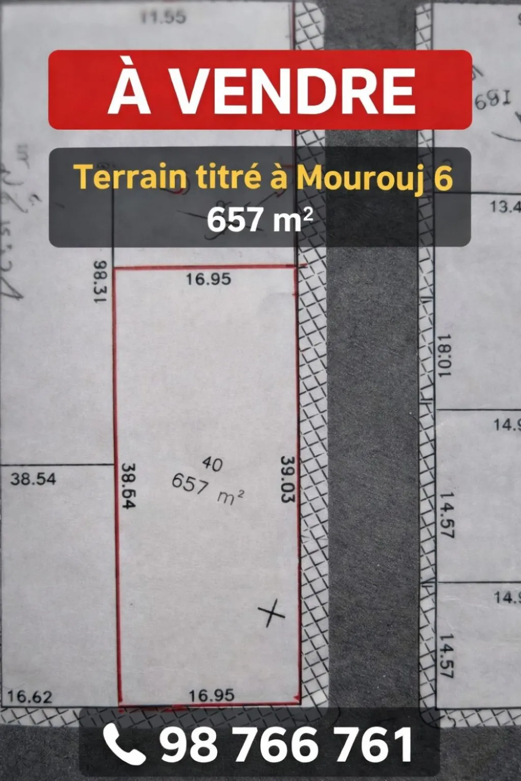 À vendre terrain titré de 657 m² à Mourouj 6 – Ben Arous