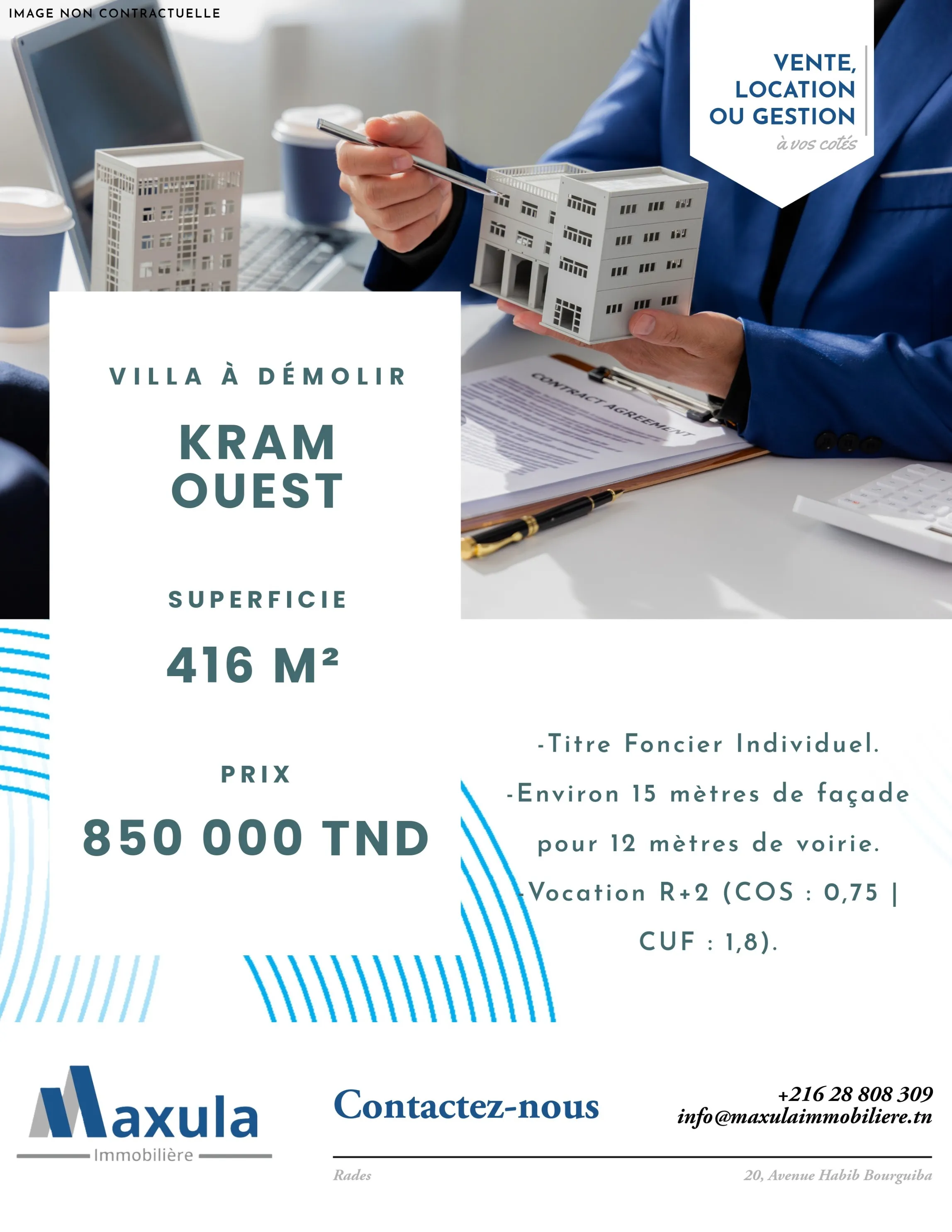 À VENDRE TERRAIN DE 416M² AVEC VILLA À DÉMOLIR À KRAM OUEST