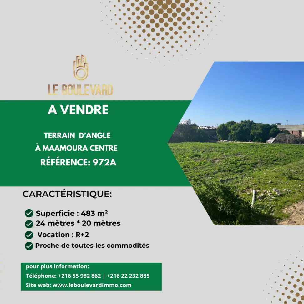 A vendre terrain 483m² Double façades  à Maamoura 