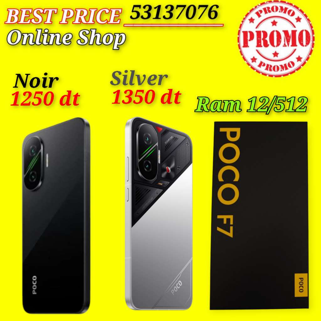 Poco F7 12/512 5G Cacheté paquet fermé #Validé✔️
➖Couleur Noir : 1250 dt  
➖Couleur Silver :1350 dt 