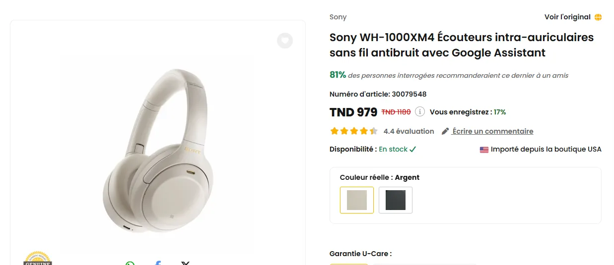 Sony WH-1000XM4 Casque Sans Fil Antibruit importé