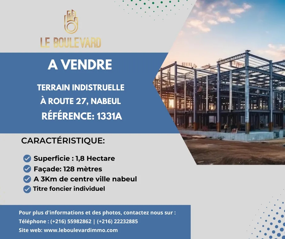 A Vendre Terrain industriel et commercial idéalement situé sur la route principale R27 à Nabeul