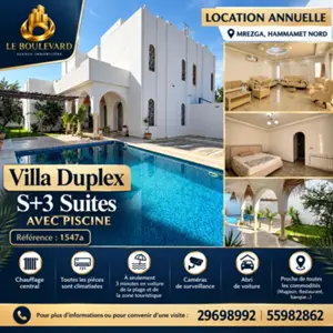 Location Annuelle : Villa Duplex S+3 Avec Piscine à Mrezga, Hammamet Nord