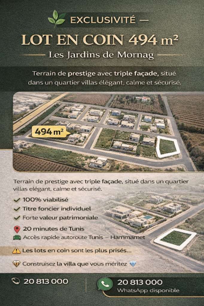 Vente terrain 494 m a mornag 