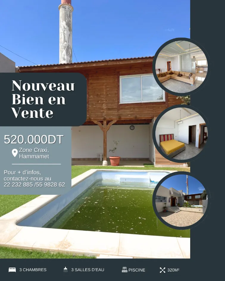 A Vendre Villa S+3 Haut Standing Avec Piscine située Hammamet nord zone Craxi