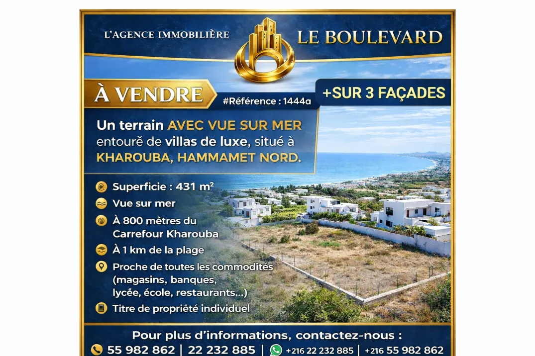 À Vendre Terrain Vue sur Mer sur 3 Façades à Kharouba Hammamet Nord