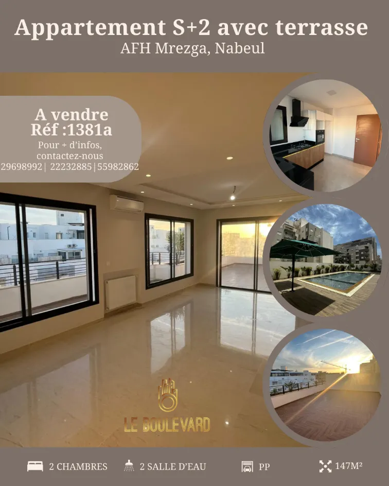 A Vendre Appartement S+2 Haut Standing Avec Terrasse Vue Sur Mer à AFH Mrezga, Nabeul 