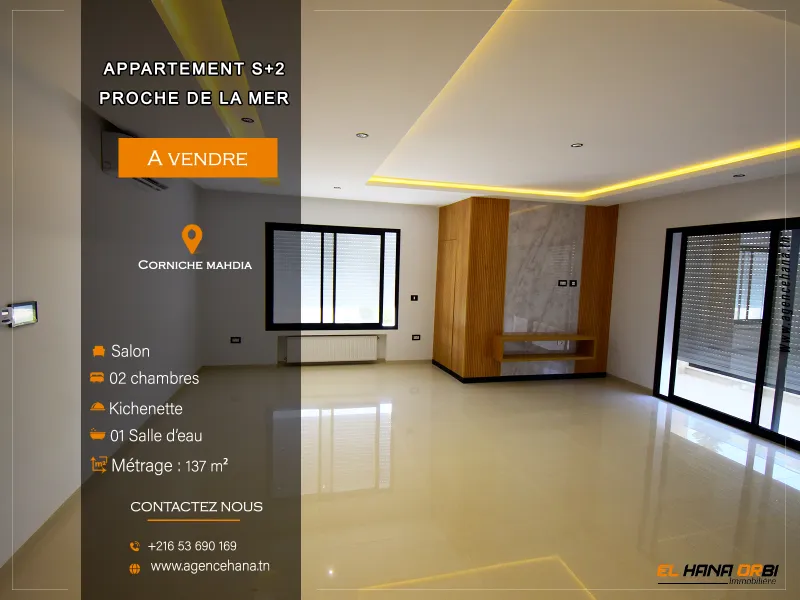 à vendre s+2 vue sur mer latéral luxe et neuf à corniche mahdia