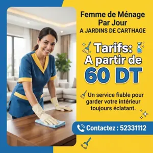 FEMME DE MENAGE PAR JOUR A JARDINS DE CARTHAGE