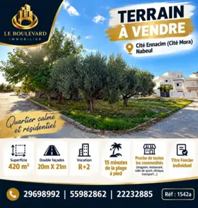 A Vendre Terrain 420m² Double Façade à Cité Ennacim, Nabeul 