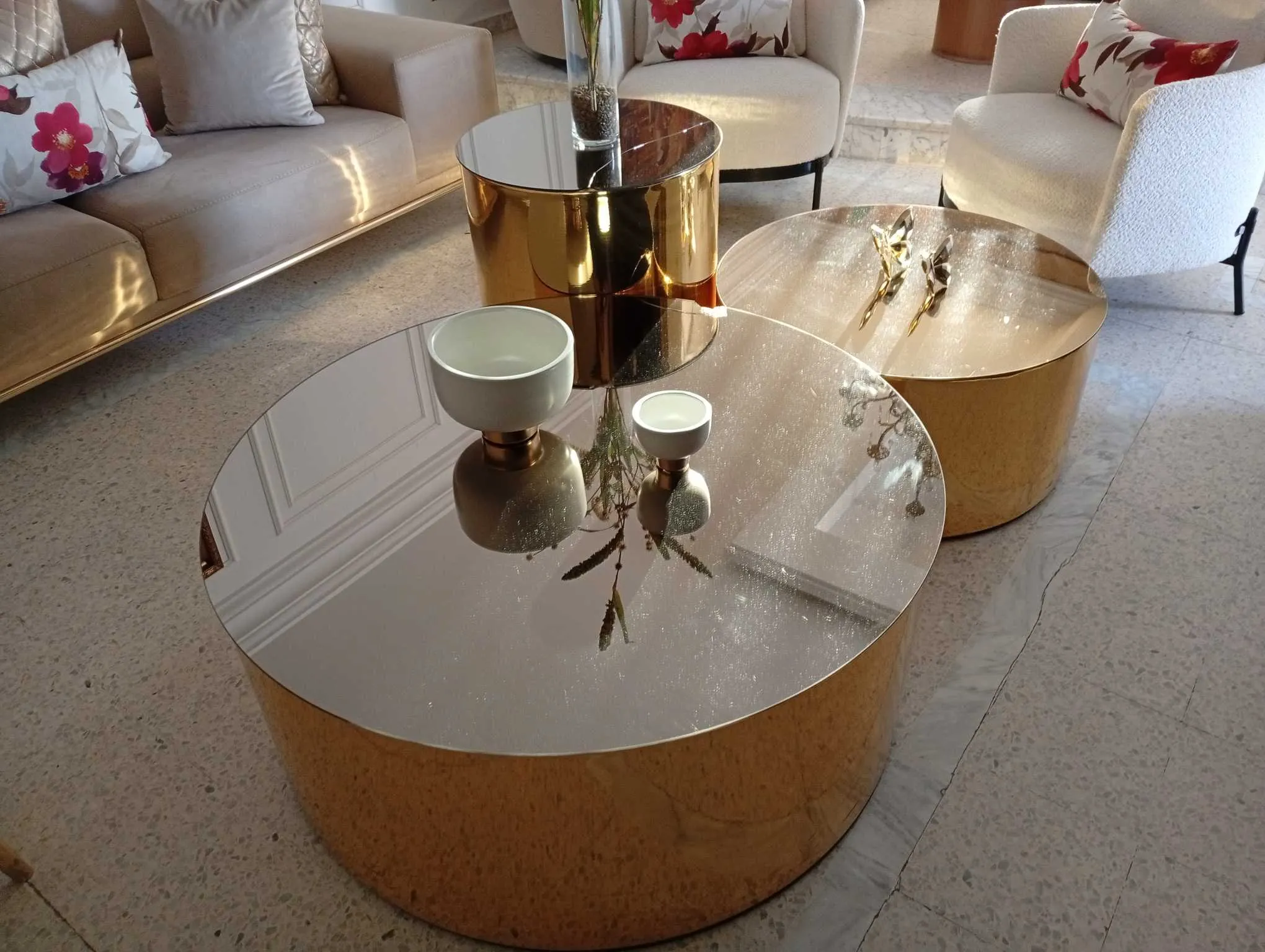 SET DE 3 TABLE BASSE VERRE SUPPORT DORE