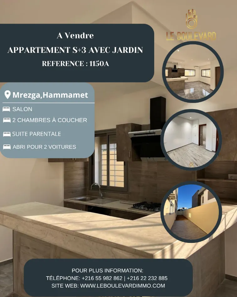 A Vendre Appartement S+3 Haut Standing Avec Jardin Situé à Mrezga, Hammamet