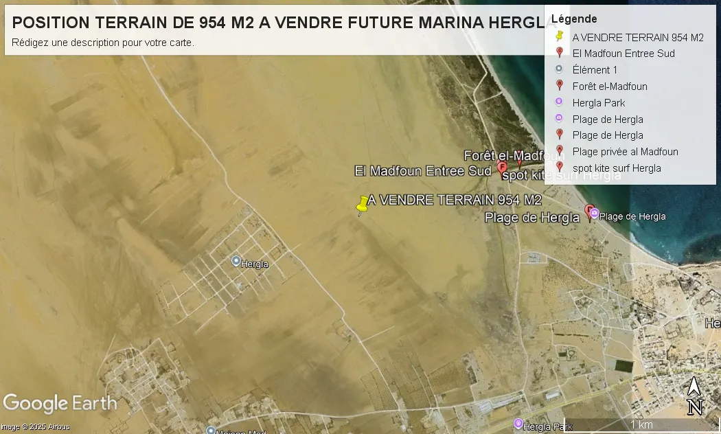 Terrain de 954 m2. 190DTm2.Titre bleu collectif.  Un Top Investissement au cœur du Projet Marina Hergla Madfoun