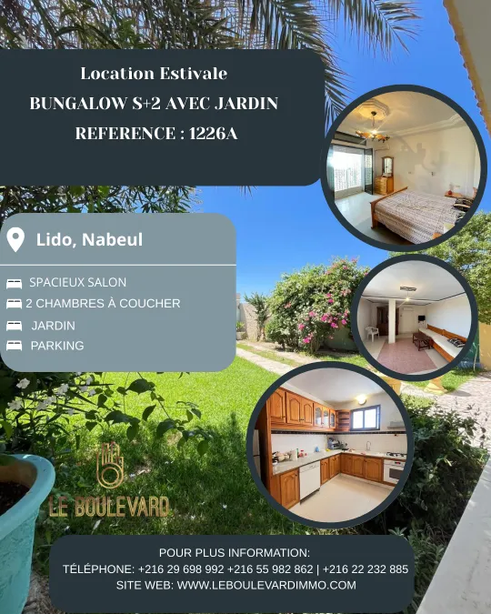 A Louer Bungalow S+2 Avec Jardin Au Bord De La Mer Située à Lido, Nabeul