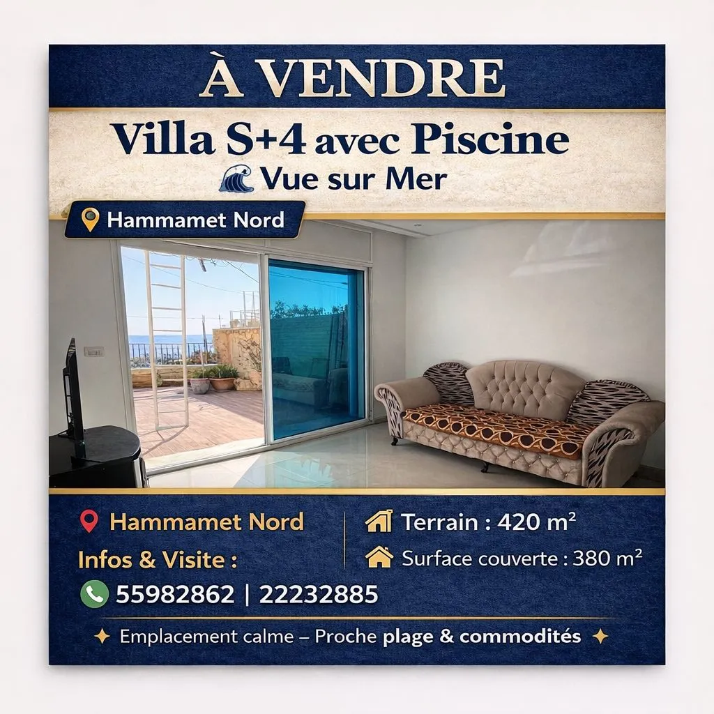 A Vendre Villa S+4 Avec Piscine Et Vue Sur Mer à Hammamet Nord 