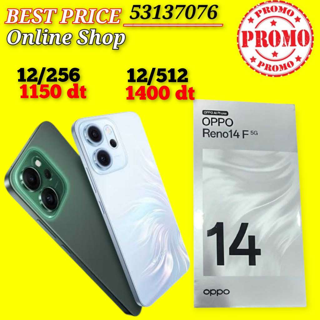 Oppo 14F 5G Cacheté paquet fermé validé✔️
➖12/512=1400 dt
➖12/256=1150 dt
