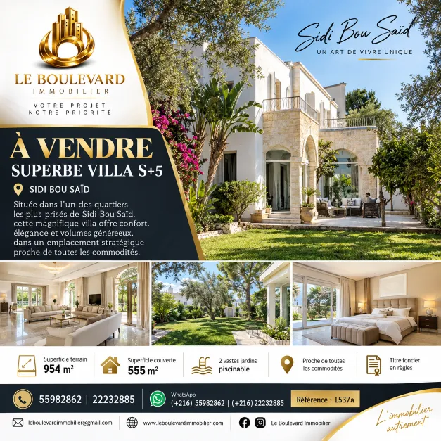 A Vendre Superbe villa S+5 avec jardin à Sidi Bou Saïd, Tunis