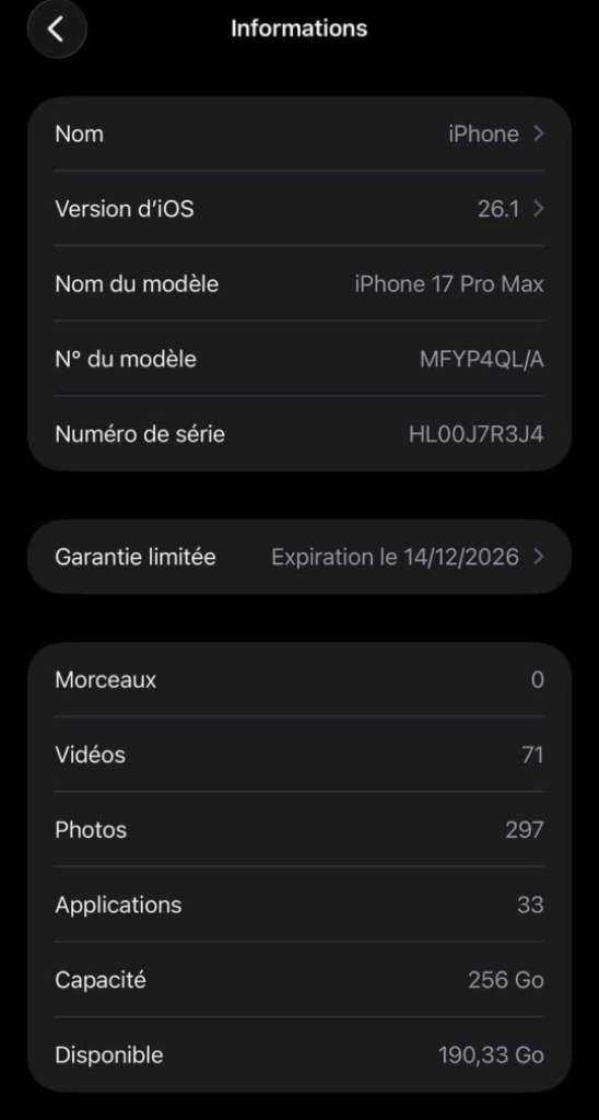 iPhone 17 Pro Max Validé Sur Sajalni Version SIM A3526 encore Sous Garantie 