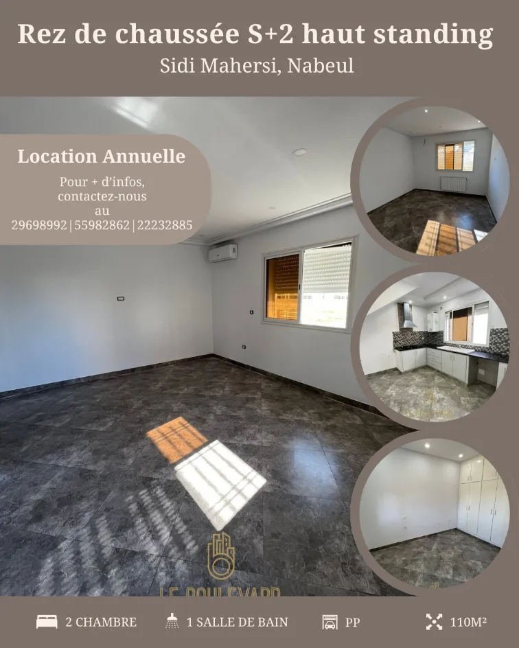 A Louer Rez de chaussée S+2 haut standing, situé à Sidi Mahersi, Nabeul