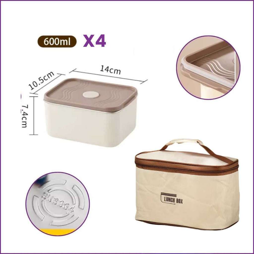 4 Boîtes à lunch avec sac isotherme rectangulaire marque Lunch box