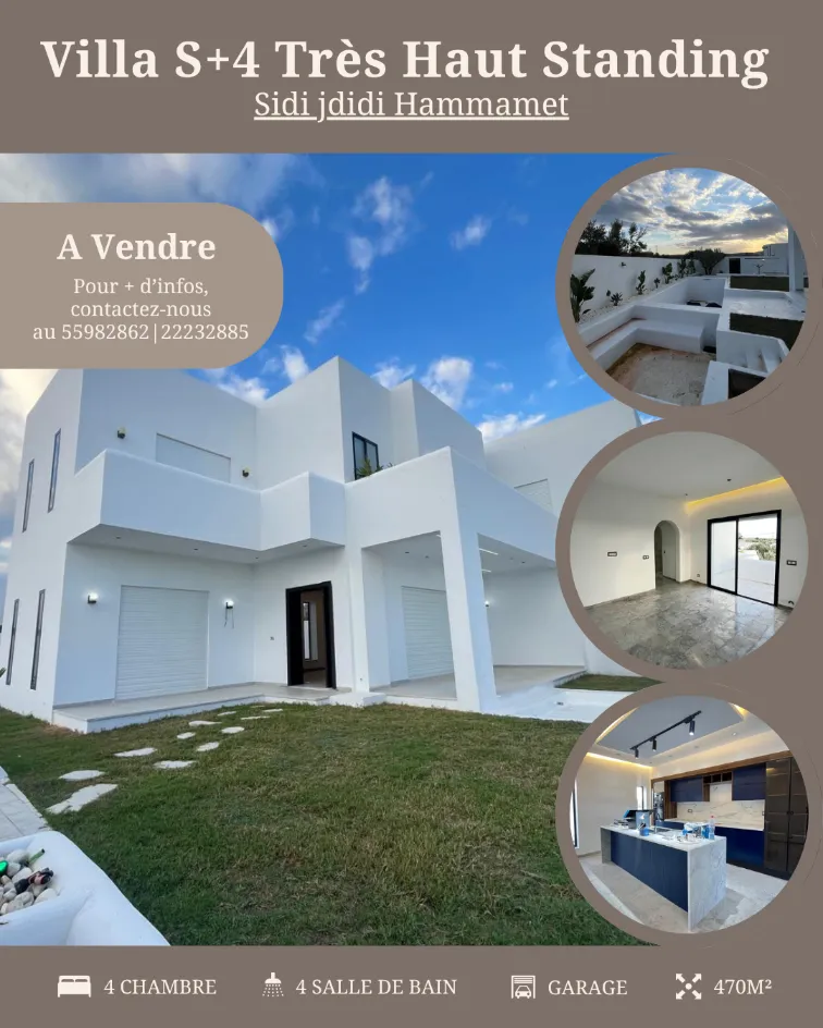À vendre : Villa S+4 de très haut standing située à Sidi Jdidi, Hammamet