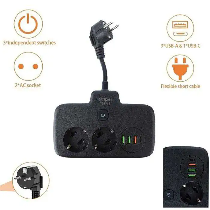 Multiprise intelligent 6EN1 Avec interrupteur et Sécurité Enfant - Noir