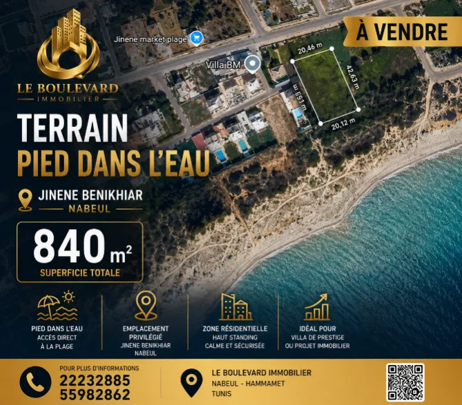 A Vendre Terrain 840m² Pied Dans L'eau à Jinene Benikhiar, Nabeul