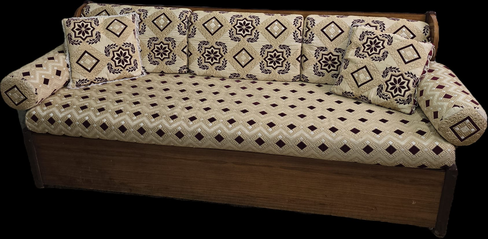 Banquette avec coffre de rangement, matelas, dossier et oreillers