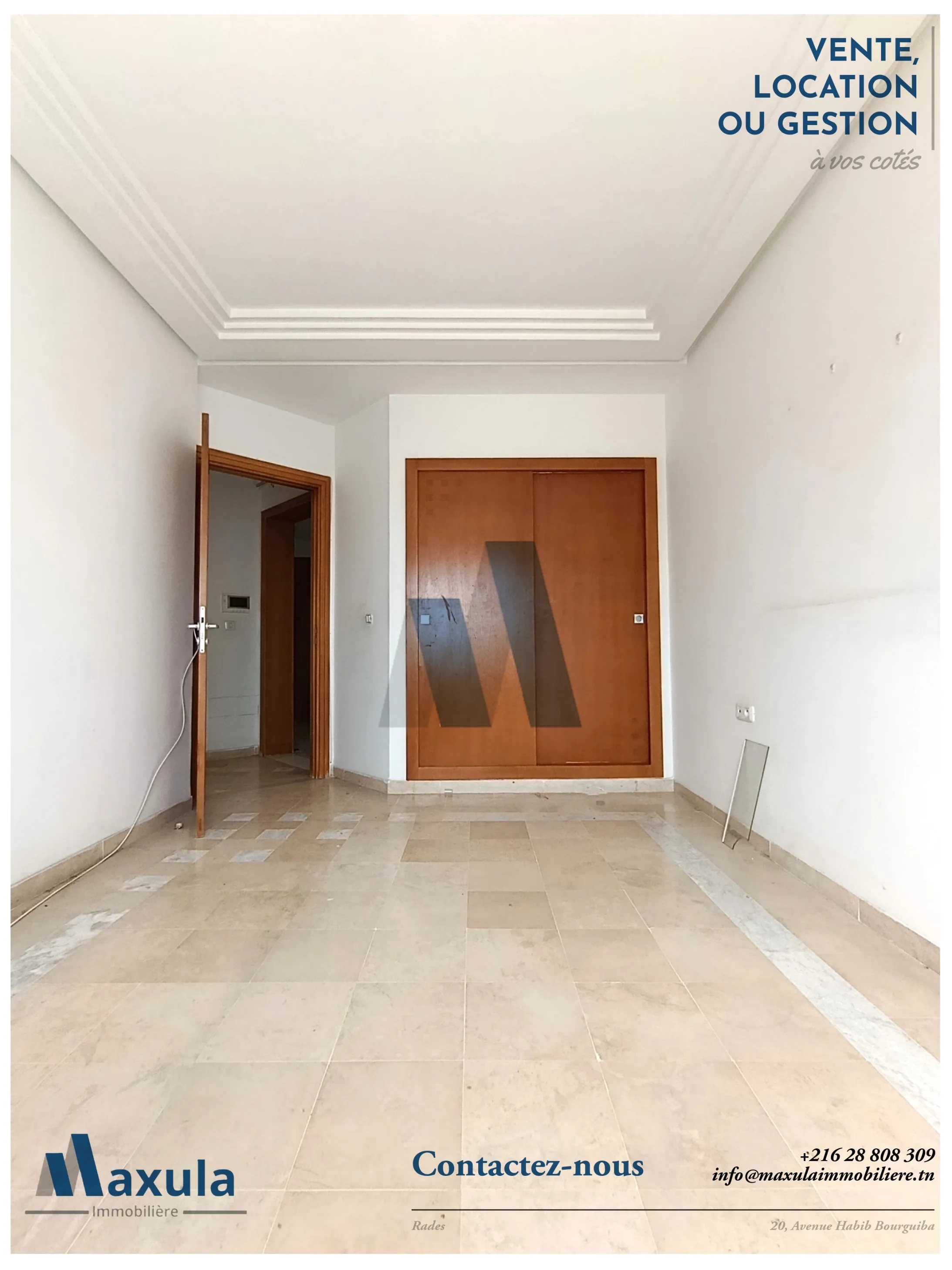 À LOUER APPARTEMENT S+2 AU 2ÈME ÉTAGE À RADES RÉSIDENCE TURQUOISE