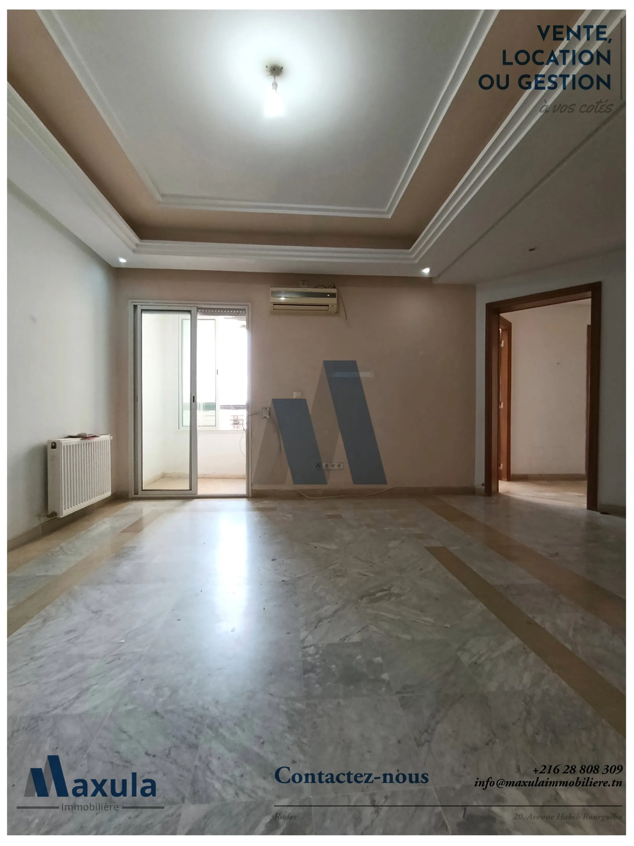 À LOUER APPARTEMENT S+2 AU 2ÈME ÉTAGE À RADES RÉSIDENCE TURQUOISE