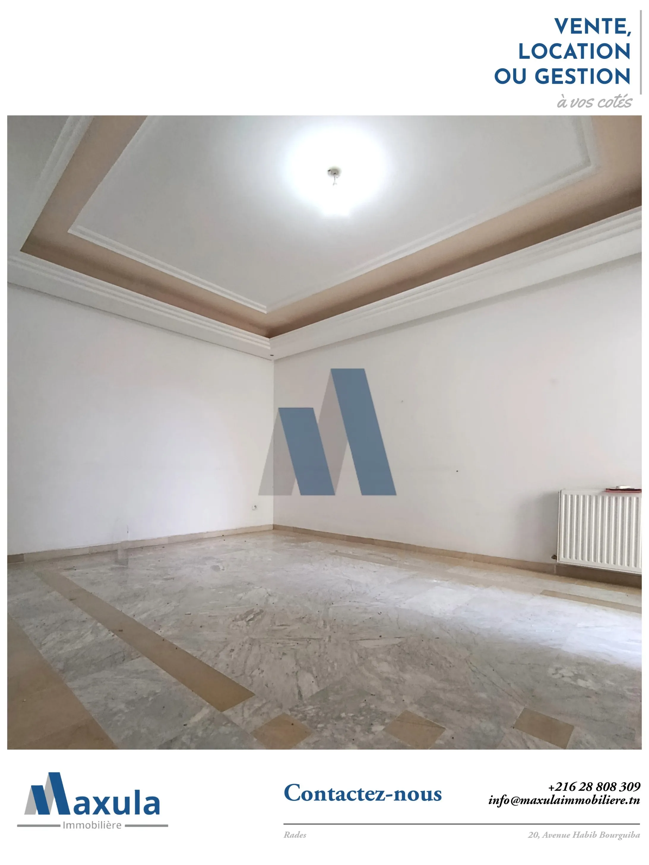 À LOUER APPARTEMENT S+2 AU 2ÈME ÉTAGE À RADES RÉSIDENCE TURQUOISE