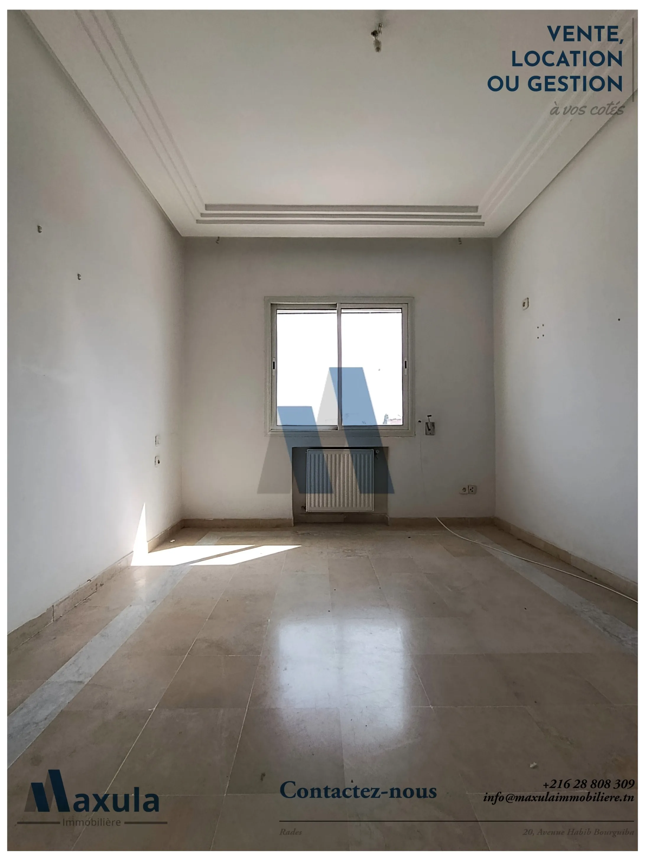 À LOUER APPARTEMENT S+2 AU 2ÈME ÉTAGE À RADES RÉSIDENCE TURQUOISE