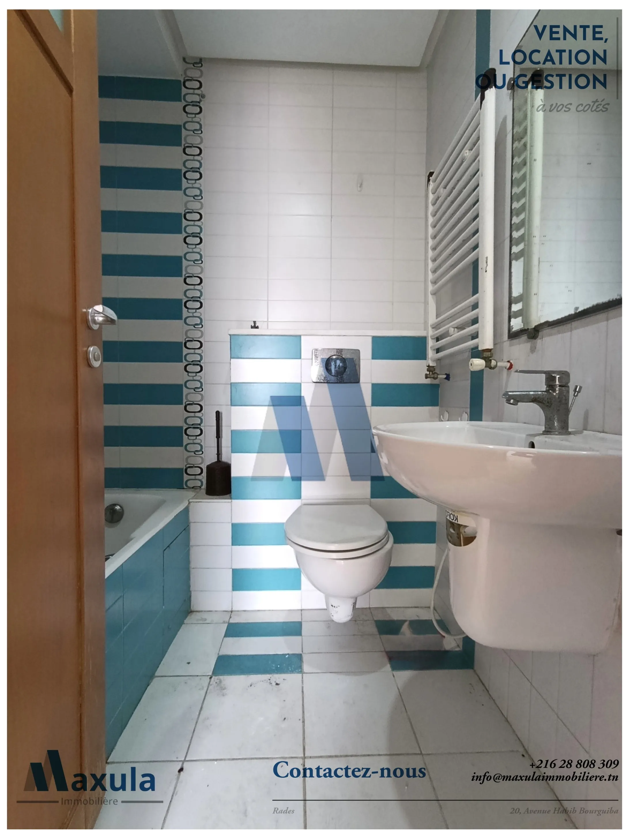 À LOUER APPARTEMENT S+2 AU 2ÈME ÉTAGE À RADES RÉSIDENCE TURQUOISE