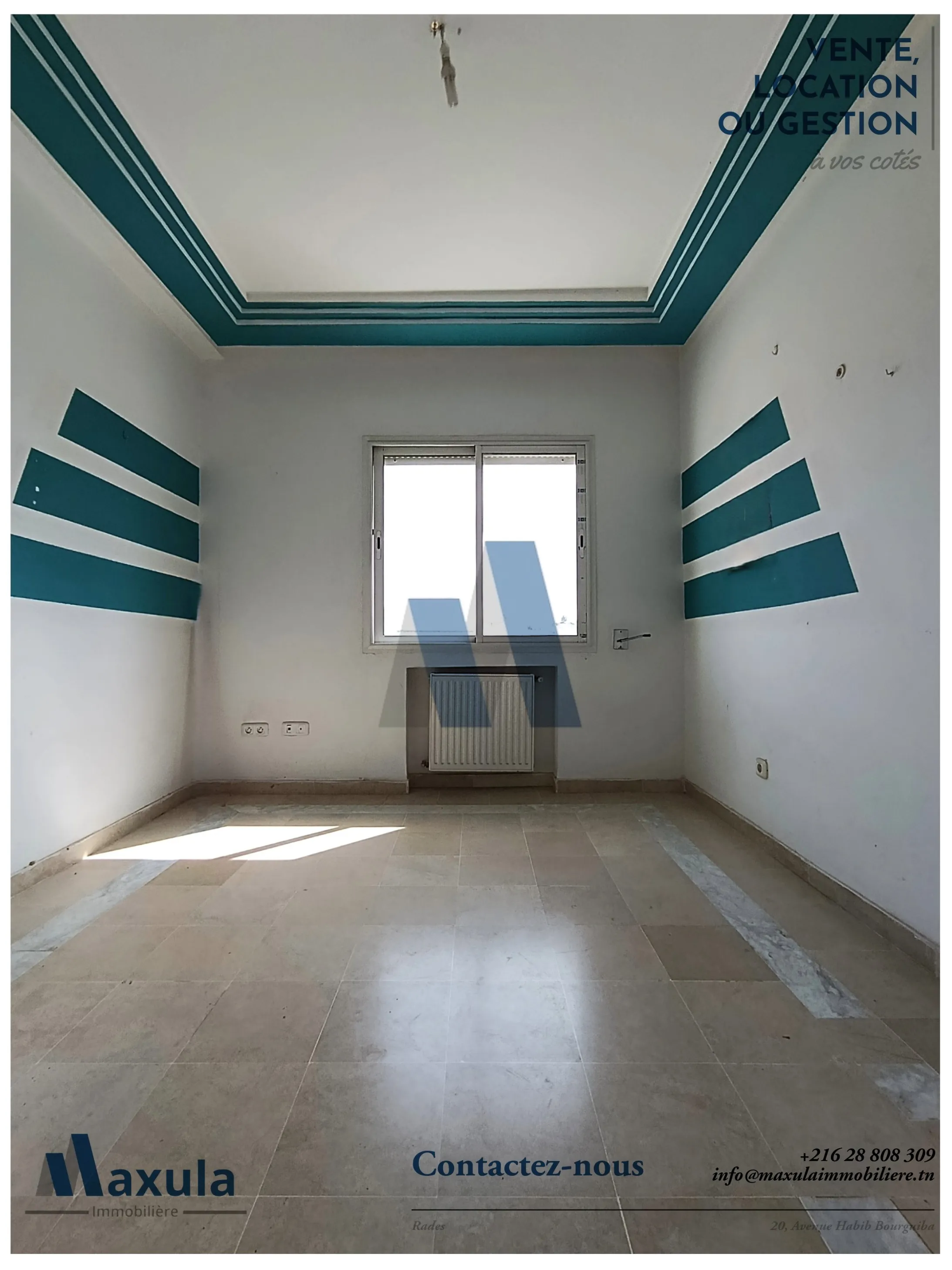 À LOUER APPARTEMENT S+2 AU 2ÈME ÉTAGE À RADES RÉSIDENCE TURQUOISE