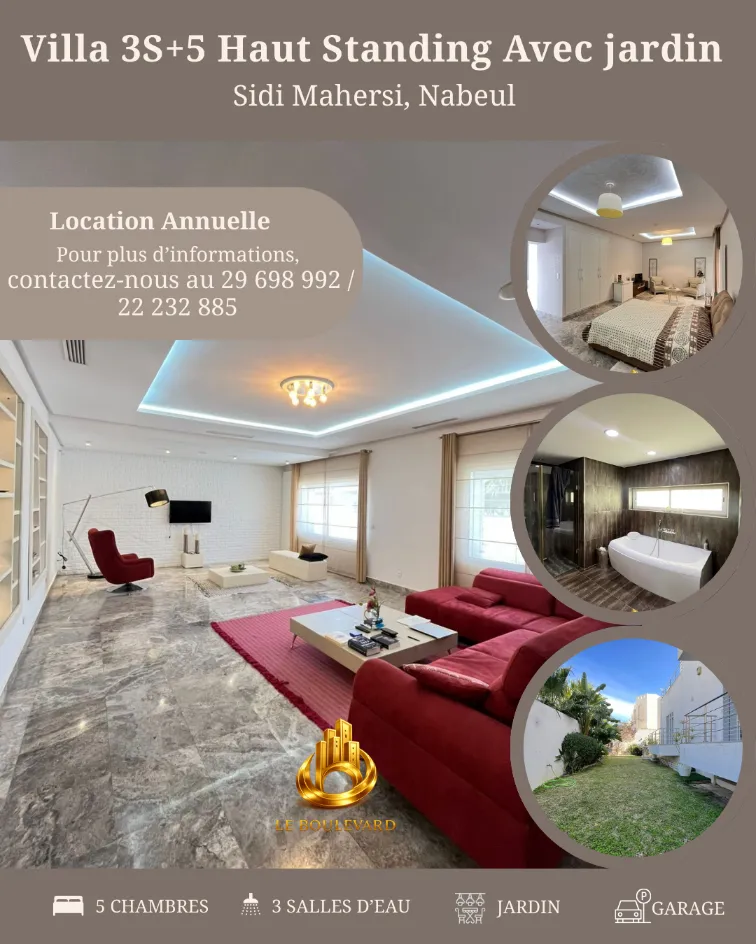 A Louer Villa 3S+5 Haut Standing Avec Jardin à Sidi Mahersi, Nabeul 