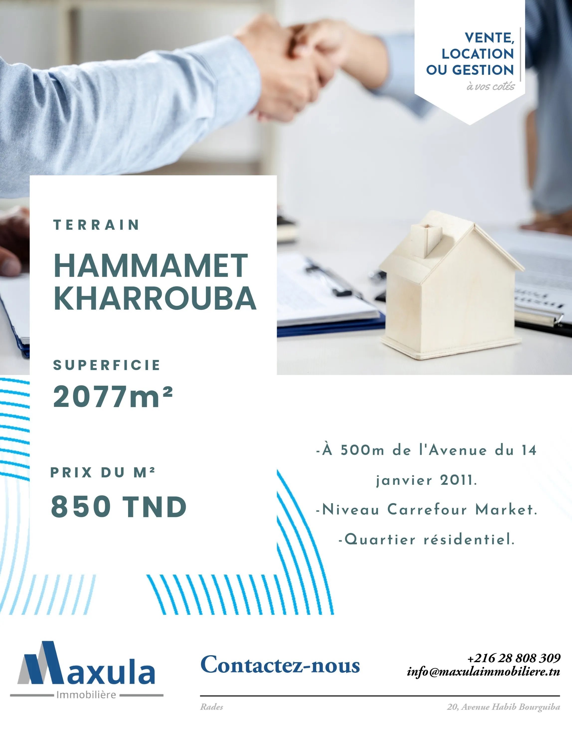 À VENDRE TERRAIN DE 2077M² À HAMMAMET KHARROUBA