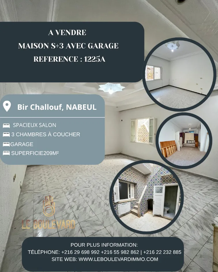 A Vendre Maison S+3 au rez-de-chaussée avec garage, située à Bir Challouf, Nabeul