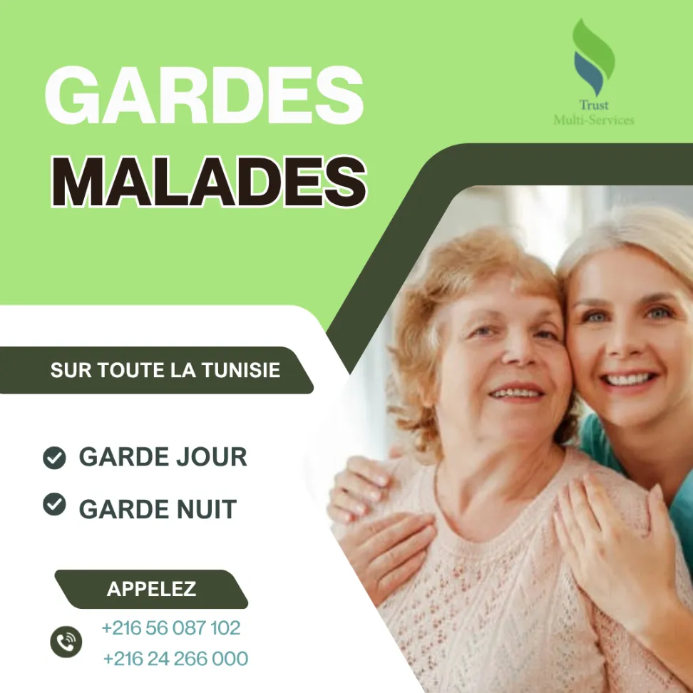 "Vous avez besoin d’une : Garde Malade à domicile par jour. Appelez le 📞 24. 266.000 📞 55.248.999 ww.trust-multiservices.tn"