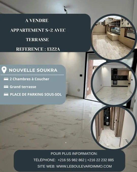 A vendre Appartement S+2 avec terrasse à Nouvelle Soukra , Ariana