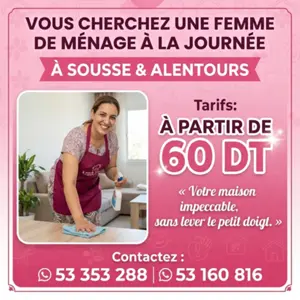 femme de  menage par jour a souuse chatt mariam