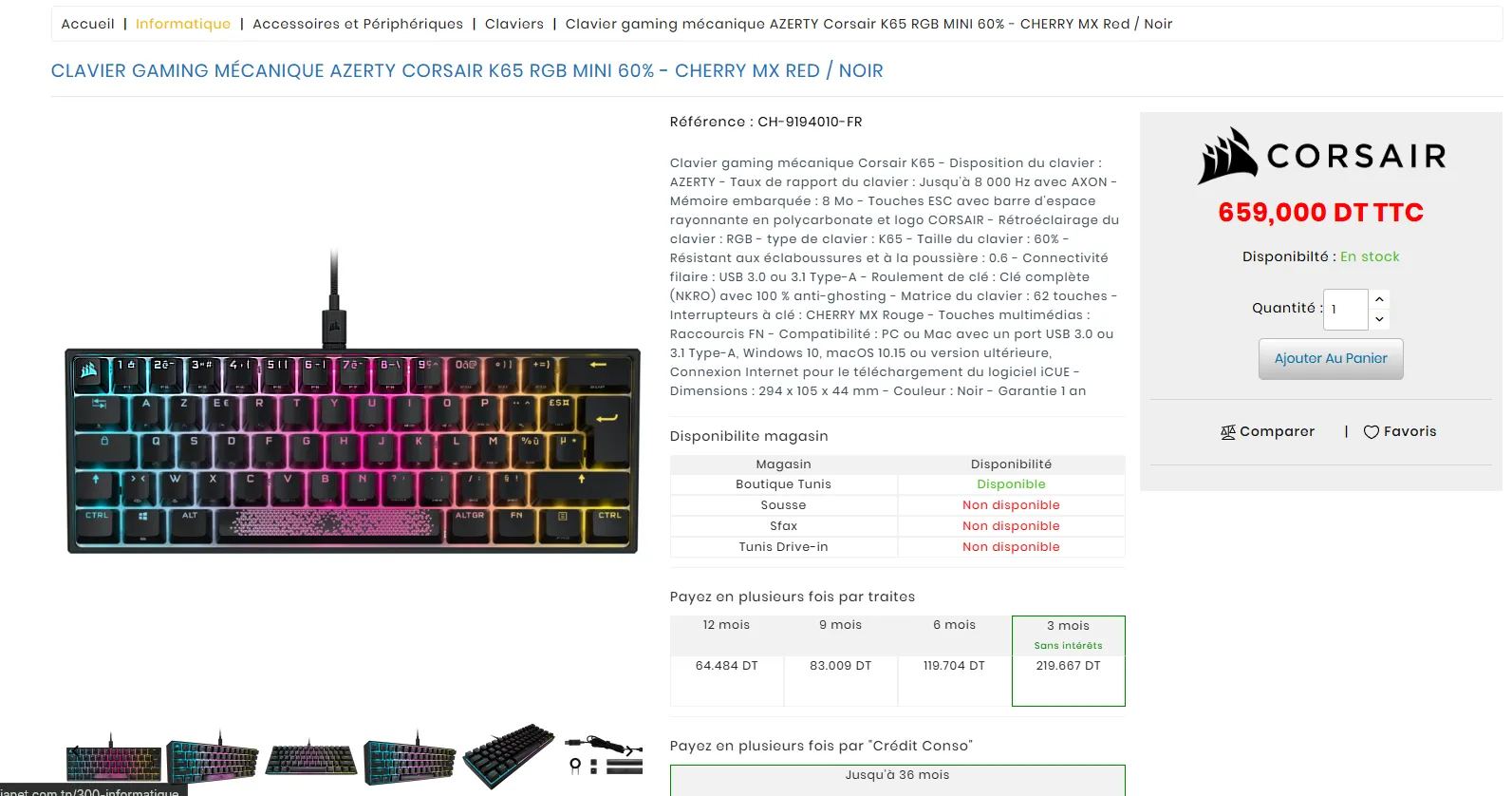 Clavier gaming mécanique AZERTY CORSAIR K65 RGB MINI 60%