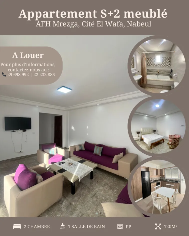 A Louer Appartement S+2 Meublé à AFH Mrezga, Nabeul 